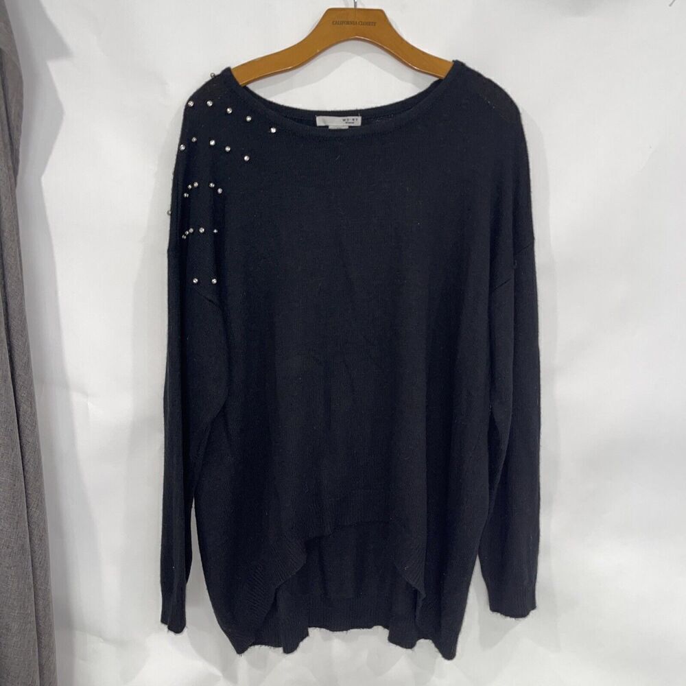 Women Plus 2X Black Sweater Angora Blend Rhinestone Studded Round Neck Event